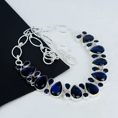 Antico Zaffiro Blu Gemma 925 Argento Sterling Collana Per Compleanno Regali - Immagine 1 di 4