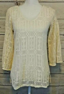 Túnica Lucky Brand Crochet Top Talla XS Crema Encaje Transparente Mangas Largas Campana - Imagen 1 de 7