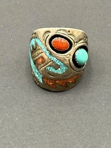 Navajo Turquoise And Coral Ring Sterling Silver Old Pawn Size 12.5 Native - Picture 1 of 7