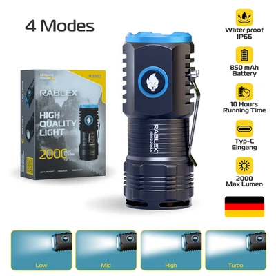 Linterna LED 2000 Lúmenes Superbrillante - USB Recargable, 4 Modos, IPX6 Impermeable - Imagen 1 de 4