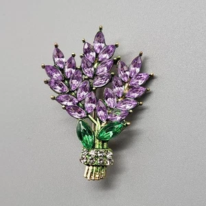 Lavender Flower Spray Brooch Purple Acrylic Rhinestone Green Enamel Pin Read - Picture 1 of 7