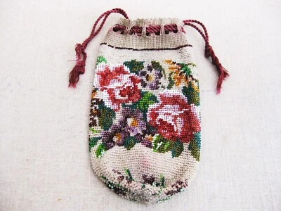 Vintage Beaded Handbag Floral Antique Evening Draw String Crocheted Purse - Image 1 of 4