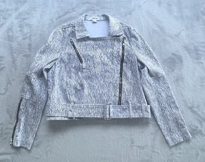 Helmut Lang Jacket Womens L White Black Denim Cropped Print Moto Style Zip - Image 1 of 4