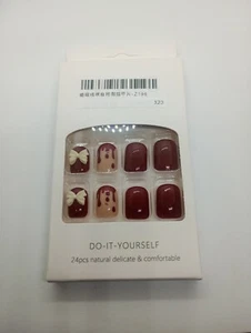 24 Pc False Fake Nails Full Nail acrylic Burgundy Bows design w/ glue - Picture 1 of 1