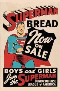 SUPERMAN BREAD JUNIOR DEFENSE 18" HEAVY DUTY USA MADE METAL ADVERTISING SIGN - Picture 1 of 1