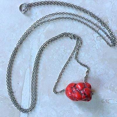 Red Howlite Necklace Nugget-Shaped Stone Pendant on 30" Stainless Steel Chain - Image 1 of 4