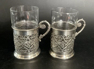 Russian Demitasse Set 2 Cups Silver Plated Glass Sleeves Filigree Tea Espresso - Picture 1 of 7