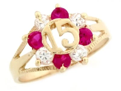 10k or 14k Yellow Gold Ruby Red and White CZ 15 Anos Quinceanera Ring - Image 1 of 4