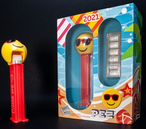 2021 PAMP Summer PEZ Summer Sunglasses Emoji Dispenser 30g Silver Wafers w/ OGP Cover