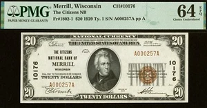 1929 $20 The Citizens National Bank of Merrill, Wisconsin CH# 10176 PMG 64EPQ - Picture 1 of 2