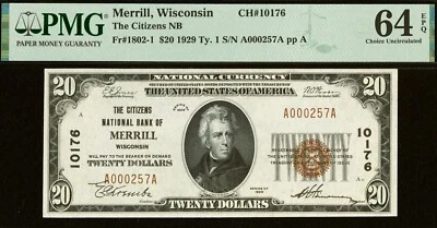 1929 $20 The Citizens National Bank of Merrill, Wisconsin CH# 10176 PMG 64EPQ - Image 1 of 2