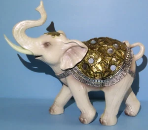 Vintage Large Beige Resin Bejeweled Elephant w/ Gold & Silver 9" Tall x 10" x 3" - Picture 1 of 16