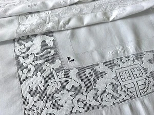 Antique Linen Tablecloth Handmade Filet Lace Figural Nautical Hand Embroid 124cm - Picture 1 of 24