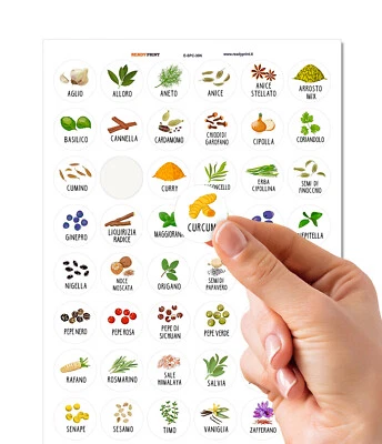 Etichette adesive con illustrazioni, per Spezie - 30 mm -  lavabili 48 Pz. NEW - Immagine 1 di 4