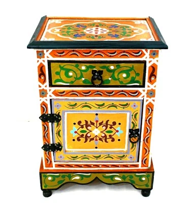Moroccan Nightstand Table Orange Painted Handmade Authentic Side Accent Piece - Image 1 of 4
