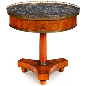 French Charles X Antique Burlwood Marble Drum Top Side or End Table - Picture 1 of 19