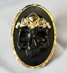 Alexis Bittar geschnitzte schwarze Totenkopf Kamee Brosche Anstecknadel Strass signiert - Bild 1 von 9