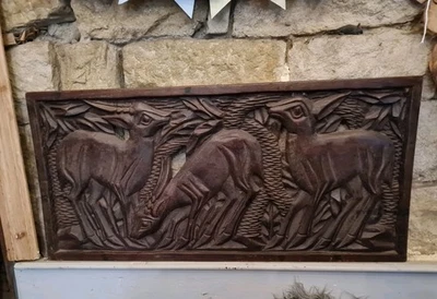 Old vintage large carved wood panel animals - Image 1 of 4