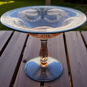 Vintage Depression Era Elegant Glass Pink Etched Compote Sterling Silver Overlay - Picture 1 of 11