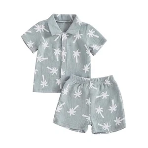 Toddler Boy Summer Clothes Button Down Shirt & Shorts 2Pcs Tree Printed - Picture 1 of 8