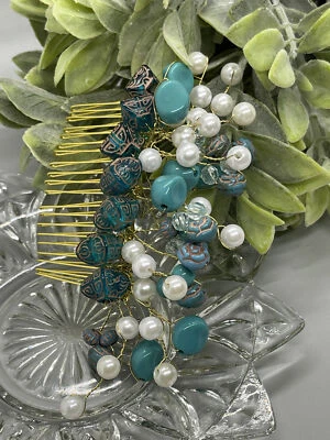 Acessórios de cabelo turquesa para casamento nupcial pente de videira feito à mão 3,5” metal dourado - Imagem 1 de 3