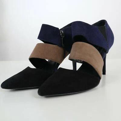 Sandalias Trina Turk Tacones Altos D'Orsay 7M Gamuza Cuero Correas Negro Azul Tostado Cremallera Foto 1 de 4