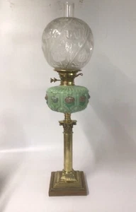 Antique Oil Lamp Corinthian Column Base Green Ceramic Font Lewtas Duplex Burner - Picture 1 of 10