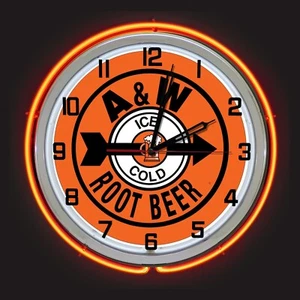 Ice Cold A&W Root Beer Sign 19" Double Neon Clock A & W - Picture 1 of 2