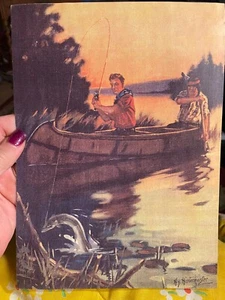 RARE Vintage Original Litho Hy Hintermeister Fishing in canoe Print 11"x7 3/4" - Picture 1 of 1