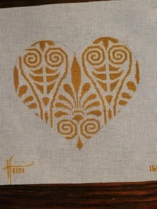 Gold Art Deco Heart Heidi Stanley Designs Needlepoint Canvas - Picture 1 of 3