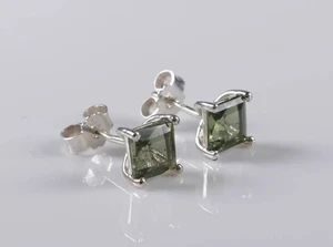 Faceted Moldavite 5mm Square Cut Sterling Silver Stud Earrings | COA & Gift Box - Picture 1 of 10