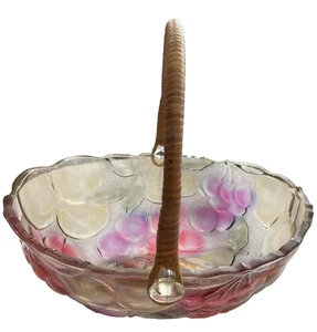 Iridescent Carnival Glass Fruit Bowl Wicker Handle Vintage - Picture 1 of 6