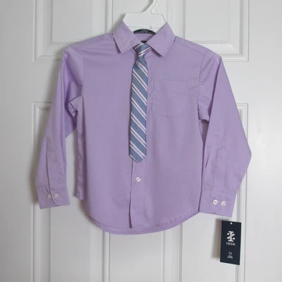 全新 男孩 IZOD 棉混纺弹力正装衬衫和领带 尺寸 XXS 4-5 LAVENDER 32 美元 — 第 1/4 张图片
