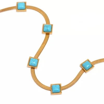 ZARD Turquoise Gemstone Snake Chain Necklace Choker in 18k Gold Plating - Image 1 of 4