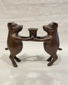 Antique 19TH Bronze Pigs Figurine Statue Candlestick Handmade Art Decor - Picture 1 of 18