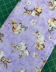 EASTER HUNNY BUNNY RABBITS TOSS LILAC SPRING Cotton Fabric QT HALF YD - Picture 1 of 5