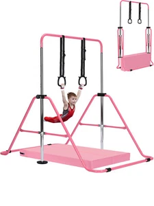 Adjustable Kid Gymnastics Bar Training Kip Bar With Grips Wristbands Ground Nail - Picture 1 of 28