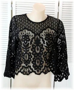 Jet Black Sheer Floral Lace Keyhole Back Miss Valley Top Size Small - Picture 1 of 7