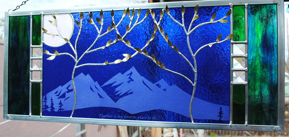 Stained Glass Window Panel two trees beveled blue mountain - Image 1 of 4