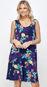 JOSTAR SHORT TANK DRESS Stretch SLINKY Knit W301 PURPLE FLORAL S M L XL 2X 3X - Picture 1 of 8