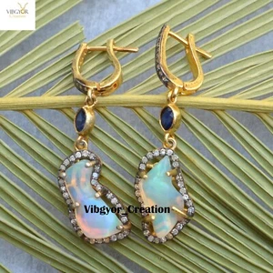 Pave Diamond Opal Gemstone Earrings 925 Sterling Silver Gold Vermeil Jewelry - Picture 1 of 4