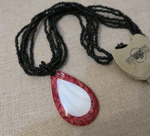 Halskette Collier 45cm mit Tropfen Anhänger 57mm, Koralle Schaumkoralle Perlmutt - Bild 1 von 6