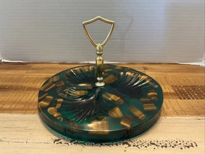 Vintage Plexiglas grün Schmuck Tablett Griff Muschel Einzüge intarsiert polierte Steine 9" - Bild 1 von 8