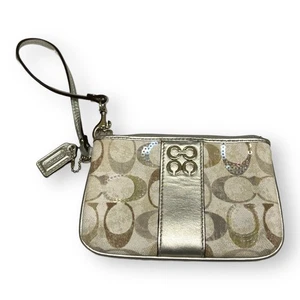 Coach Julia White Beige Silver Sequins Monogram Zip Wristlet Wallet - Picture 1 of 4