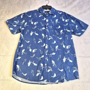 Camicia hawaiana uomo RJC grande pesce blu oceano cotone con bottoni NY città - Foto 1 di 11