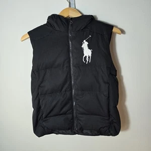 Vintage Polo Ralph Lauren Youth M Puffer Vest Black Hoodie Big Pony 18.5" - Picture 1 of 9