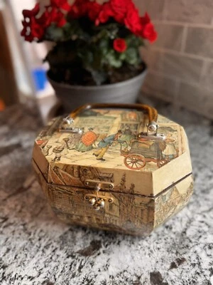 Vintage Anton Pieck Wooden Decoupage Octagon Box Purse w/Lucite Handle 9.5"×6.5" - Image 1 of 4