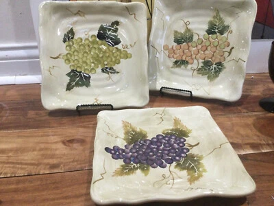 Tabletops Unlimited Cabernet Salad Plates Set of 3 Square Hand Painted Grapes - Image 1 of 4