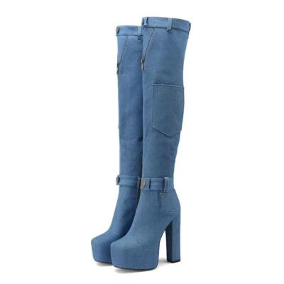 Womens Platform Chunky Heel Round Toe Thigh High Boots Stretch Denim Western New - Image 1 of 4