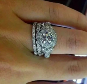 2.84Ct Round Cut E-VVS1 Moissanite 14k White Gold Plated Engagement Ring Set - Picture 1 of 4